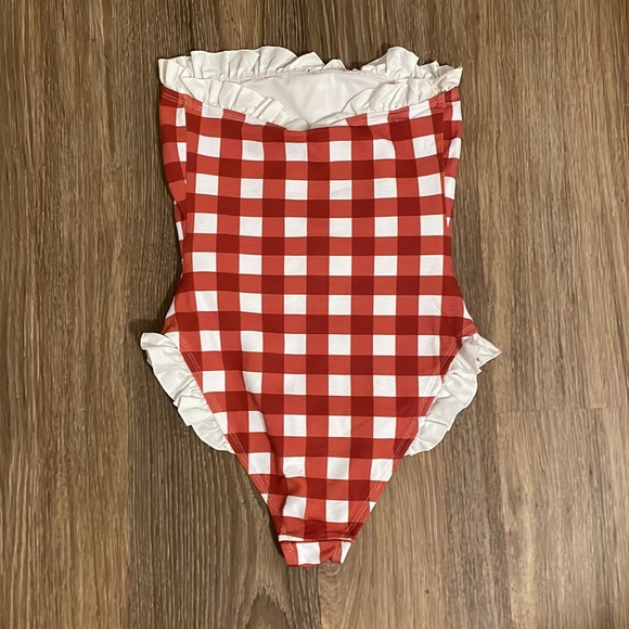 Gingham Print Cotton Frill Bandeau Swimsuit - Picture 4 of 4